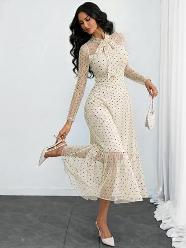 GothDark Polka dot Dress for Women Tie Neck Bow Ruffle Fall Vintage Dress