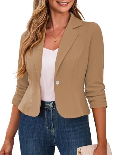 Traleubie Women's Cropped Blazer 3/4 Ruched Sleeve Business Casual