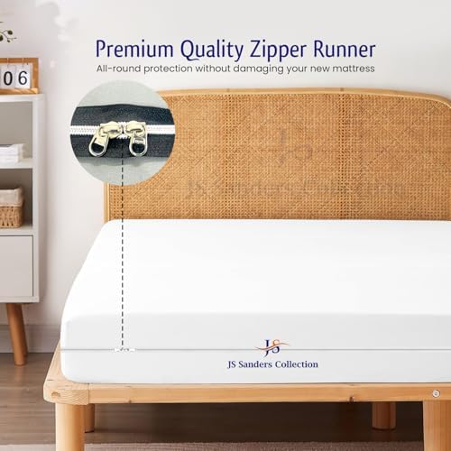 JS Sanders Zippered Mattress Protector Full Size – Soft 100% Egyptian Cotton, 600 Thread Count Deep Pocket Fitted Sheet Encasement Cover for Bed Breathable, 12-16 Inch Fit, White 54x75