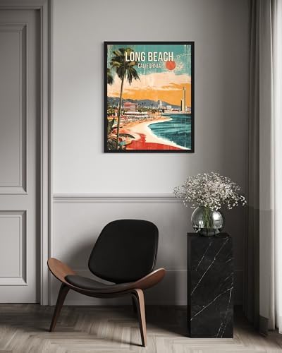 Long Beach California Black Framed Wall Art Print Poster, US Vintage Retro Beach Scenery Posters Prints for Restroom Home Picture Painting Artwork Gallery 219 (Long Beach California, 14"L x 11"W, Black Frame)