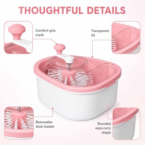 Manual Fruit Vegetable Cleaner Spinner, Large Washing Bowl with Brush & Drain Basket, Portable Hand Crank Cleaning Gadget for Berry Greens Herb Household Kitchen Food Washing Tool