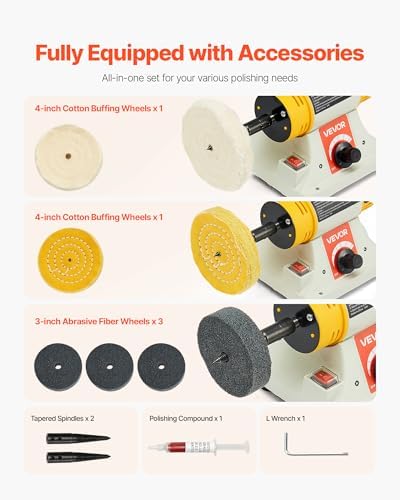 VEVOR Bench Buffer Polisher, 1/2HP Polishing and Buffing Machine, 0 to 8000RPM Benchtop Polisher with 2PCS 4" Cotton Wheel, 3PCS 3" Abrasive Fiber Wheels & Polishing Compound for Metal Jewelry Wood