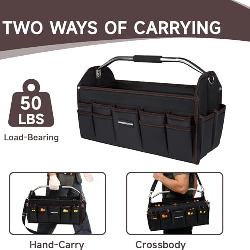 22 In Tool Carrier, Open Top Tool Tote 30 Pockets, Waterproof Tool Bag For Men, Foldable Wide Mouth Electricians Tool Bag, With Stainless Steel Handle and Removable Shoulder Strap