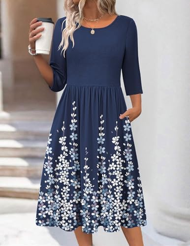 Zeagoo 3/4 Sleeve Women's Dress Casual Aline Summer Fall Midi Long Dresses