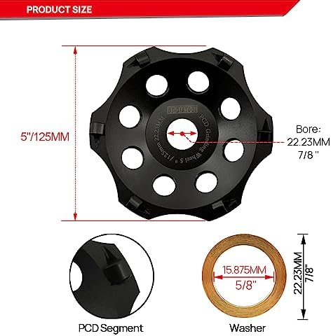 DT-DIATOOL PCD Diamond Grinding Cup Wheel 5 Inch Arbor 7/8" for Concrete Floor Epoxy Coating Adhesive Residue Paint Coatings(2-Pack)