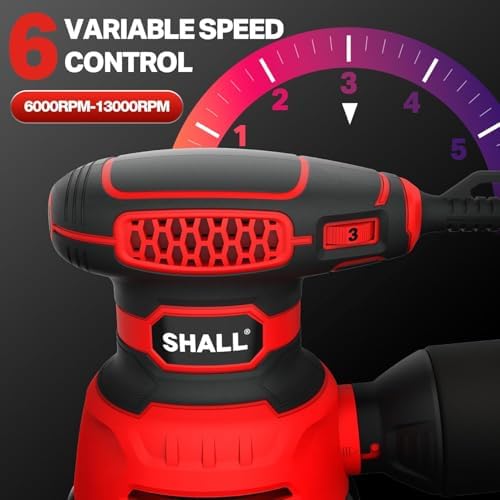 SHALL 5-Inch Random Orbital Sander, 3.2 AMP - 6 variable Speeds - Max 13000 RPM, with 30pcs Sandpaper & Detachable Dust Bag, Sanding for Polishing Woodworking, Refinish Furniture & Remove Varnish
