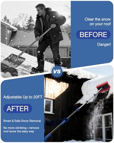 Roof Rakes for Snow Removal, Telescoping Snow Rake for House Roof, Solar Panels, Cars & RV, Snow Broom Push/Pull, Heavy Duty Aluminum Ice Scraper, No-Scratch Foam Blade, Roof Shovel Tool (30FT)