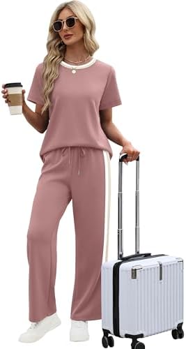 WIHOLL 2 Piece Lounge Sets for Women Matching Set Summer Outfits Short Sleeve Tops Wide Leg Pants with Pockets