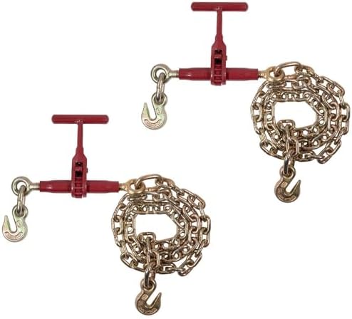 2 Pack 5/16"-3/8" Durabilt T-Handle Ratchet Chain Binder with 6' Chain Extension & Grab Hooks - 7,100 lbs WLL Heavy Duty Tie Down Hauling Load Chain Binders for Flatbed Trailer