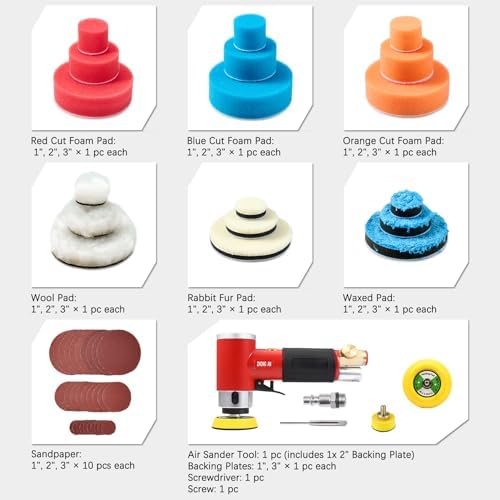 1'' 2'' 3'' Mini Orbital Sander Set Air Random Sander High Speed Pneumatic Sanders for Auto Body Work with 18 Polishing Sponge & Wool Pads, 30 Sandpapers(RED)