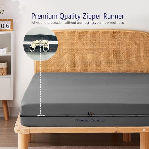 JS Sanders Zippered Mattress Protector Queen Size – Soft 100% Egyptian Cotton, 600 Thread Count Deep Pocket Fitted Sheet Encasement Cover for Bed Breathable, 12-16 Inch Fit, Dark Grey 60x80
