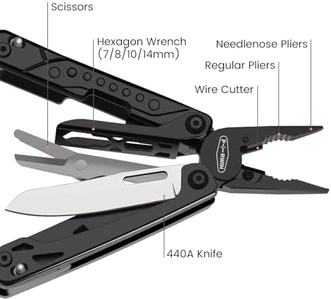 PERWIN Multitool, 20-in-1 Stainless Steel Multi Tools Pliers with Nylon Sheath, Safe Locking, Professional Multi-Tool for Survival, Camping and Hunting, Black