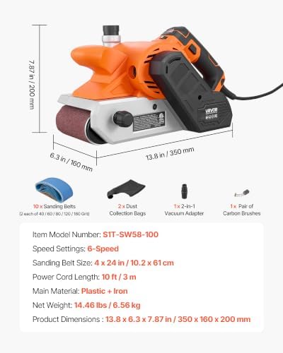 VEVOR 11.5A Belt Sander 4" x 24" Woodworking Belt Sander 6 Variable Speeds, 900-1550 FPM Sanding Machine with 10PCS Sanding Belts, 2 Dust Bags & 2-in-1 Vacuum Adapter for Woodworking Projects