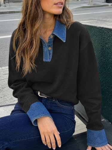 Saodimallsu Womens Denim Patchwork Sweaters V Neck Polo Pullover Tops