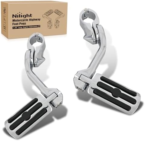 Nilight 1.25" Motorcycle Highway Pegs For Harley Davidson Touring Road King Street Glide Sportster, Adjustable Long Angled Foot Pegs Clamp Universal For 1-1/4" Engine Guard Crash Bars Highway Footpegs