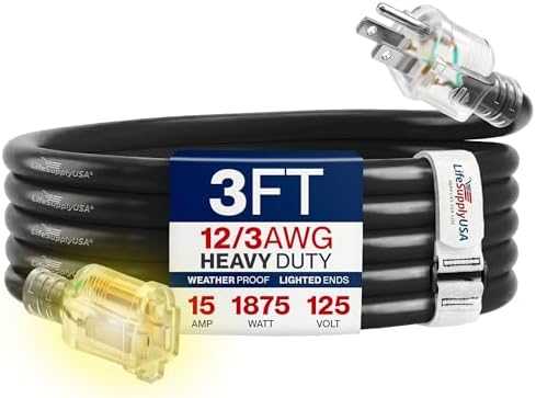 3ft Outdoor/Indoor Extension Cord 12/3 Gauge Extra Heavy Duty 3 Prong SJTW, Waterproof, Flexible Cold-Resistant Long Power Cord,15A 125V 1875W, Black by LifeSupplyUSA