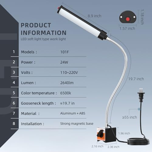 24W LED Magnetic Work Light, 2400 Lumen Flexible Gooseneck Work Light with Adjustable Magnetic Base, Industrial Light for Lathe CNC Milling Drillpress Sewing Machine