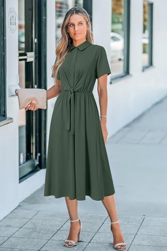 Newshows Women's Work Business Casual Outfits Tie Waist Midi Shirt Dress