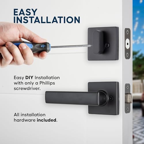 BRINKS Contemporary Keyed Entry Door Handleset with Lever and Deadbolt, Modern Front Door Lock Set, Easy Install, Pick-Resistant (Flat Lever, Matte Black)