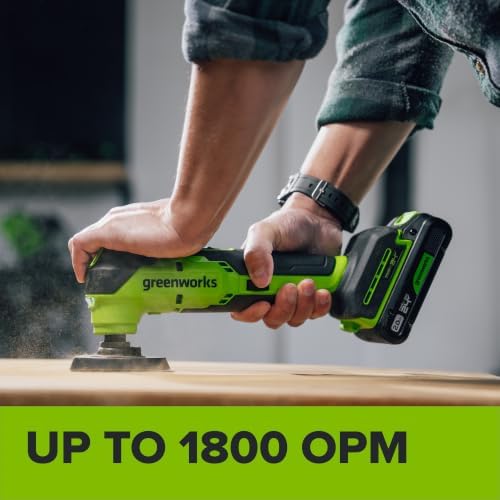Greenworks 24V Brushless Cordless 18,000 OPM Oscillating Multi Tool Tool Only with Woodcutting Blades and Sanding Pad with Sheets Included,8 Speed Settings+20PC Multi-Tool Hook and Loop Sanding Kit