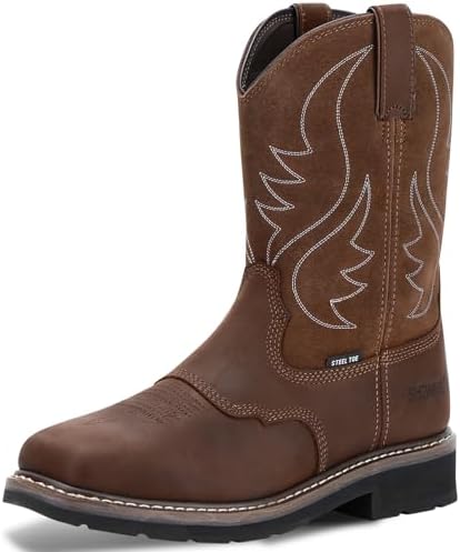 Showave Steel Toe Cowboy Boots for Men Western Square Toe Work Boot Full-grain Leather Safety Boots with Hazard Protection for Construction Manufacture Farming