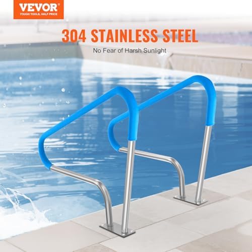VEVOR Pool Handrail, 2 PCS 48x36in Railing, Stainless Steel with Base Plate for Indoor/Outdoor Pools, Safety Railing for Decks, Rust-Proof Grab Bar w/Grip Cover & Accessories for Spas