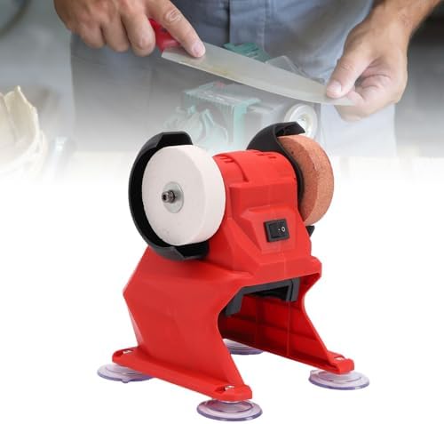 Asixxsix Mini Bench Grinder, 5500RPM 18V Battery Cordless Polisher Sander with Coarse Fine Corundum Wheels and Metal Protective Cover for Rust Removal Drill Bit Knife Sharpening