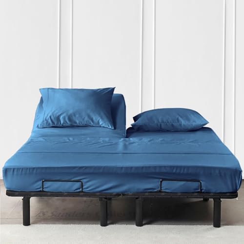 JS Sanders Collection 600TC Flex Head Queen Sheets for Sleep Number Bed - 100% Cotton 4 Pcs Split Head Queen Sheets for Adjustable Bed, Queen 34 Inch Down Mediterranean Blue -18 Inch Deep
