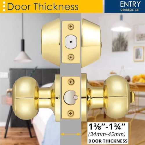 4 Pack Round Polished Brass Entry Door Knobs and Deadbolt Combination Set, Double Cylinder Deadbolt Door Lock Set, Keyed Alike, ANSI Grade 3 Security, 250,000 Cycles