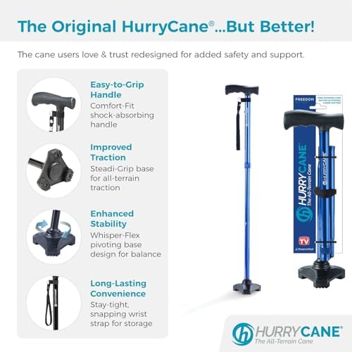 HurryCane Freedom Edition Foldable with T Handle Walking Cane for Men & Woman (Blue) Bundle with PremGear Cane Holder, Compatible with HurryCane