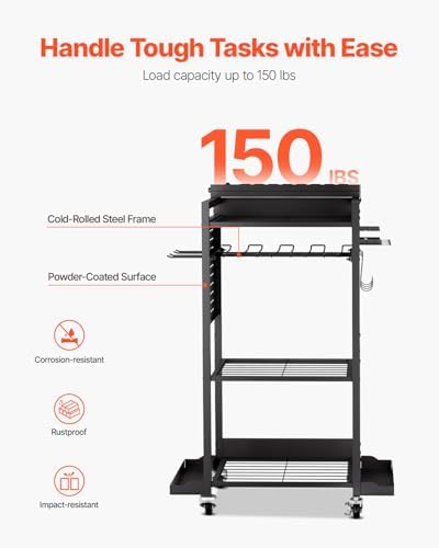 VEVOR 4-Tier Tool Organizer Cart with Charging Station, 8 AC Outlet, Floor Stand Rolling Drill Holder and Tool Battery Storage Rack on Wheels, Garage Floor Rolling Storage Cart for Workshop, Garage
