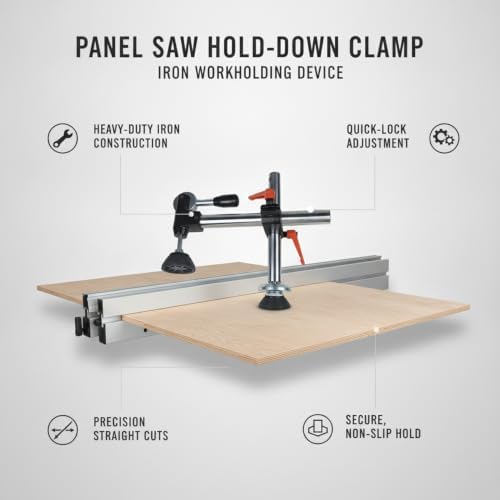 Iron Panel Saw Hold-Down Clamp for Woodworking, Horizontal Workholding Device for Large Sheets and Straight Cuts, Black Finish