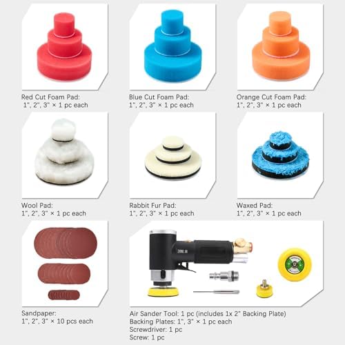 1'' 2'' 3'' Mini Orbital Sander Set Air Random Sander High Speed Pneumatic Sanders for Auto Body Work with 18 Polishing Sponge & Wool Pads, 30 Sandpapers(BLACK)