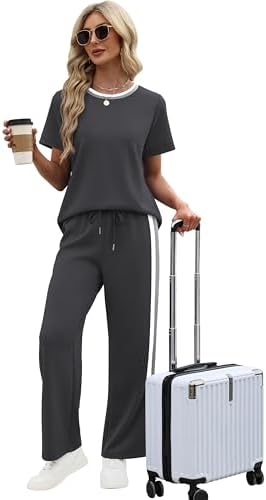 WIHOLL 2 Piece Lounge Sets for Women Matching Set Summer Outfits Short Sleeve Tops Wide Leg Pants with Pockets