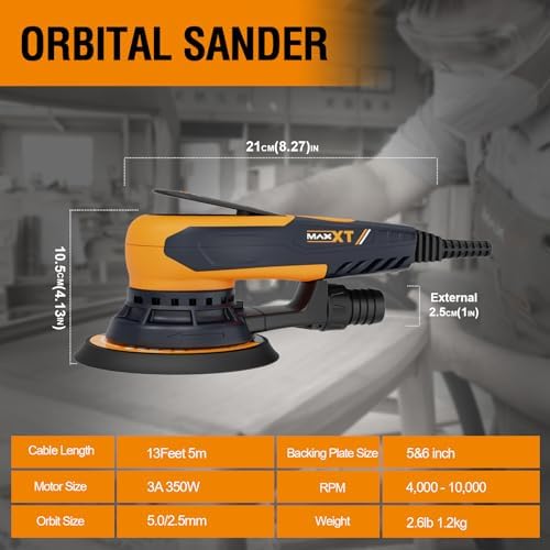 MAXXT Electric 5mm Random Orbital Sander with Tool Case, Palm Sander with Brushless Motor, 5&6Inch Sanding Pads, Central Vacuum, Sanders for Woodworking, Primary Wood and Panel Processing