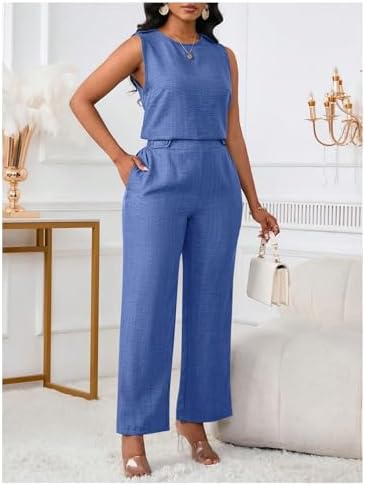 Floerns Women's 2 Piece Sets Dressy Outfits Bussiness casual Crew Neck Sleeveless Blouse and Elegant Pants Set