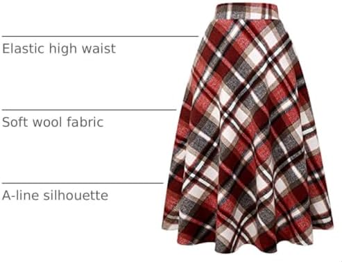 IDEALSANXUN Womens Plaid Wool Skirts Elastic Waist A-Line Pleated Tartan Long Skirts