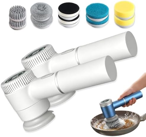 Electric Spin Scrubber, Cordless Shower Scrubber with Digital Display, 3 Speed Power Cleaning Brush with 5 Replaceable Heads, Ideal for Bathroom Tile Tub Sink Floor (White-2PCS)