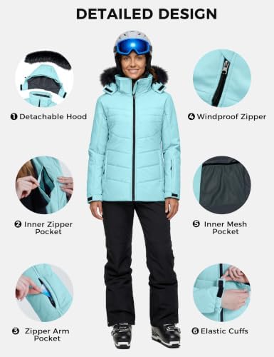 Skieer Women's Ski Jacket Waterproof Warm Puffer Thick Hooded Winter Coat