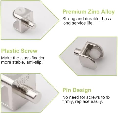 Glass Shelf Bracket Pegs, 20Pcs Adjustable Frameless Glass Bracket Pegs Zinc Alloy Brushed Finish Glass Clamp Clips with Pin Glass Shelf Holders Supports for 4-8mm Thickness Glass