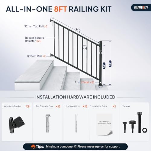 36in H x 4ft W Modular Aluminum Porch and Deck Stair Railing Kit, 2-Pack