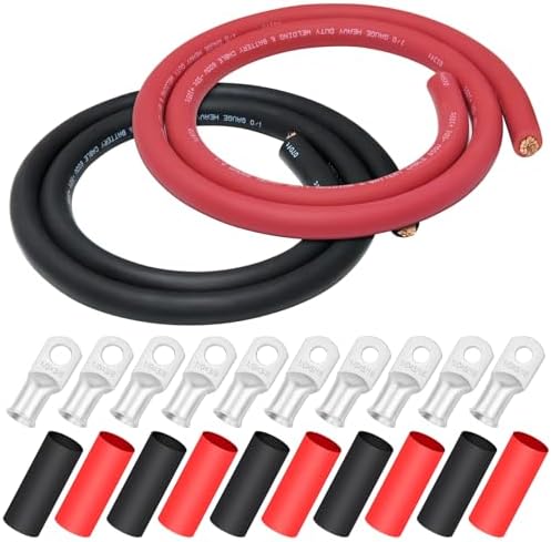 1/0 Gauge Welding Cable,iGreely 1/0 AWG Pure Copper Battery Welding Wires for Auto Solar Generator,5pcs of 5/16""& 5pcs 3/8""Copper Lug Terminal Connector with Heat Shrink Tubing 5Ft Black+5Ft Red