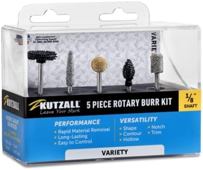 Kutzall 5-Piece Rotary Burr Kit - 1⁄8" Shaft, Variety Grit - Wood Carving Bits for Dremel, Foredom, Ryobi, DeWalt, Milwaukee Tools - Structured Tungsten Carbide
