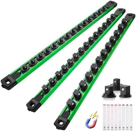 Reniteco Magnetic Socket Organizer Set, 3-Piece 1/2" 3/8" 1/4" Drive Aluminum Alloy Socket Holder with 40PC 360° Swivel Removable Clips, Magnetic Socket Rail for Tool Box Drawer, Green