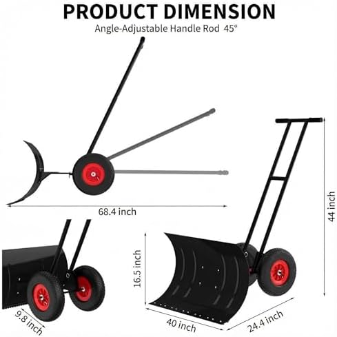 40" Heavy-Duty Wheeled Snow Shovel with Adjustable Handle & Blade – Angled Snow Pusher for Driveway, Sidewalk, Deck & Steps