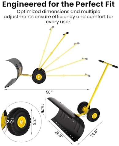 Garvee Snow Pusher with Wheels, 29" Heavy Duty Steel Blade, Adjustable Angle & Height Handle for Effortless Driveway Snow Removal, Ground Protection Base.