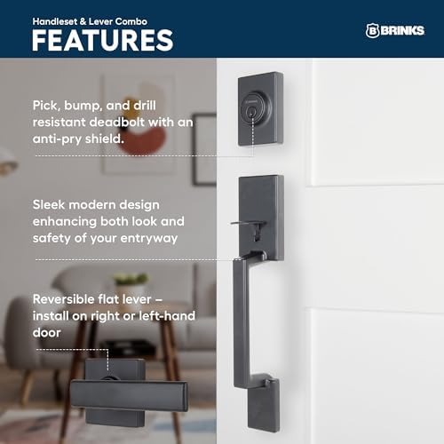 BRINKS Contemporary Keyed Entry Door Handleset with Lever and Deadbolt, Modern Front Door Lock Set, Easy Install, Pick-Resistant (Flat Lever, Matte Black)