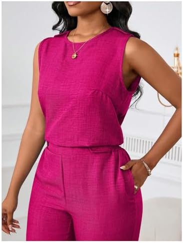 Floerns Women's 2 Piece Sets Dressy Outfits Bussiness casual Crew Neck Sleeveless Blouse and Elegant Pants Set