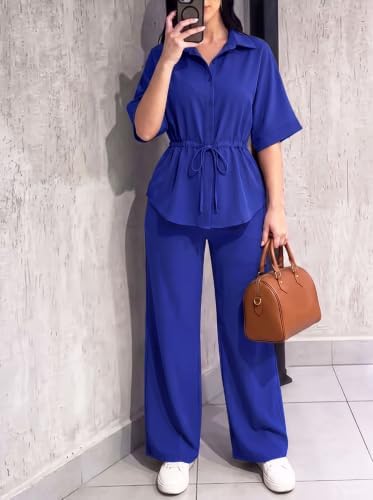 Two Piece Sets for Women Dressy Shirt Top Flared Pants Business Pantsuits