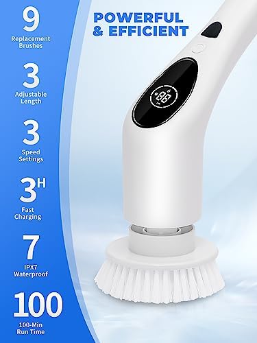 Electric Spin Scrubber Shower Scrubber with Long Handle for Cleaning Bathroom 9 Replaceable Brush Heads 3 Speed Modes Retractable Power Brush for Bathtub Tile Floor